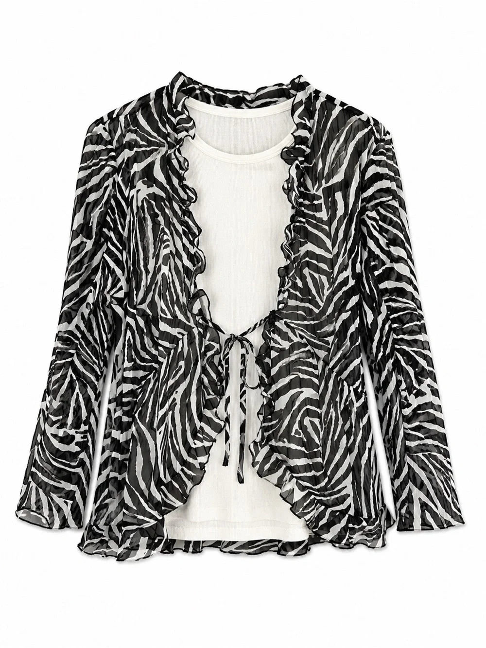 Y2K vintage Sheer Zebra Print Tie-Front Cardigan - Black & White